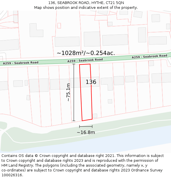 136, SEABROOK ROAD, HYTHE, CT21 5QN: Plot and title map