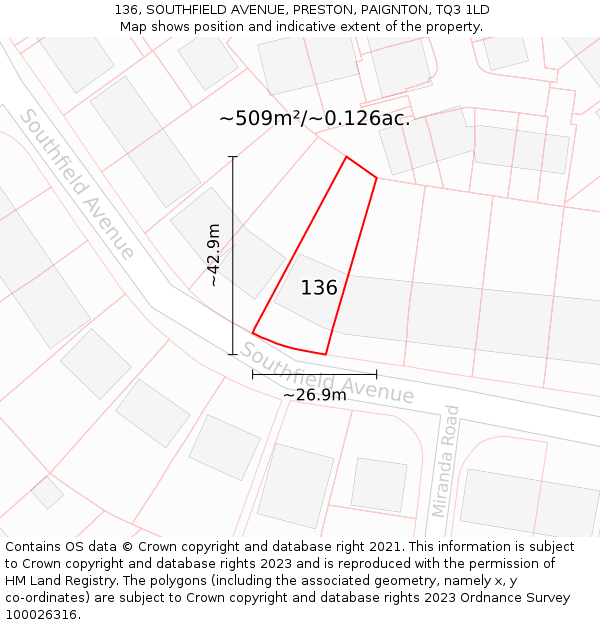 136, SOUTHFIELD AVENUE, PRESTON, PAIGNTON, TQ3 1LD: Plot and title map