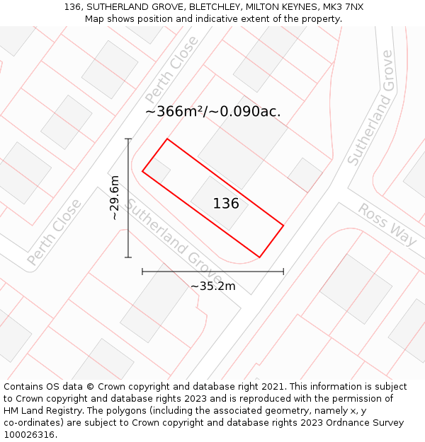 136, SUTHERLAND GROVE, BLETCHLEY, MILTON KEYNES, MK3 7NX: Plot and title map