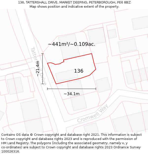 136, TATTERSHALL DRIVE, MARKET DEEPING, PETERBOROUGH, PE6 8BZ: Plot and title map