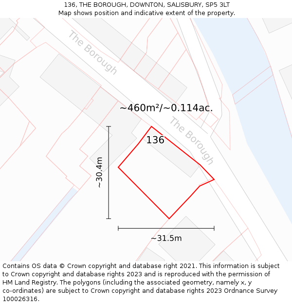 136, THE BOROUGH, DOWNTON, SALISBURY, SP5 3LT: Plot and title map