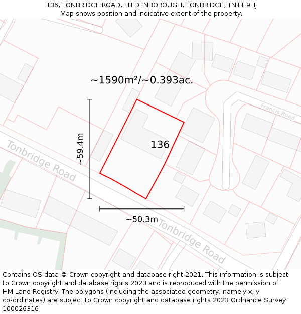 136, TONBRIDGE ROAD, HILDENBOROUGH, TONBRIDGE, TN11 9HJ: Plot and title map