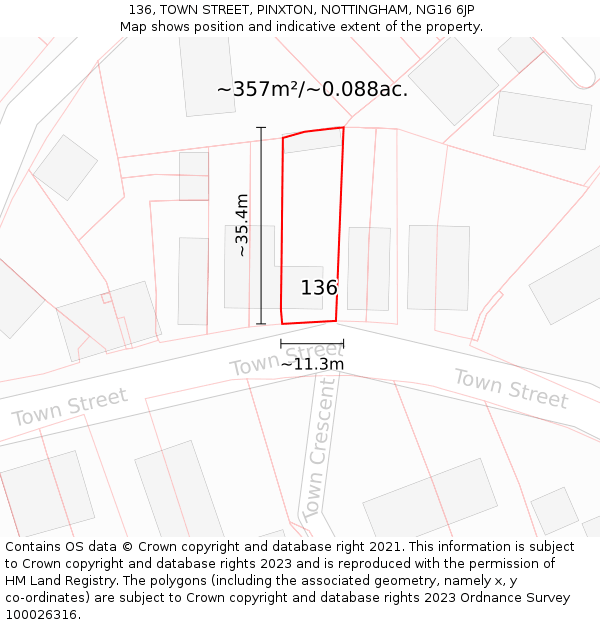 136, TOWN STREET, PINXTON, NOTTINGHAM, NG16 6JP: Plot and title map