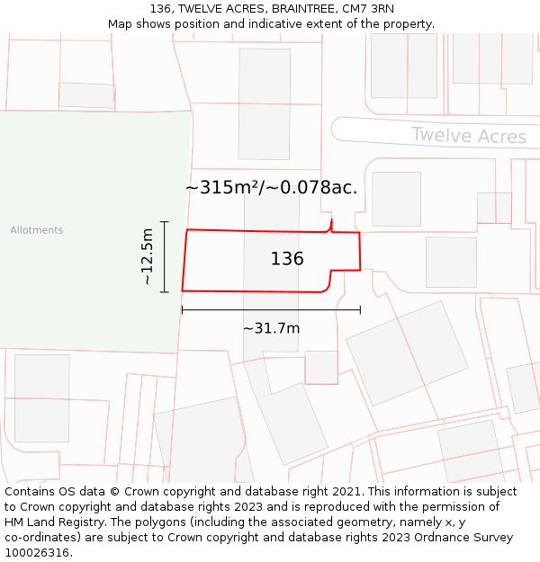 136, TWELVE ACRES, BRAINTREE, CM7 3RN: Plot and title map