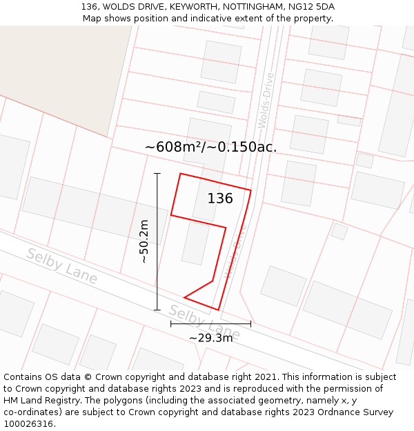 136, WOLDS DRIVE, KEYWORTH, NOTTINGHAM, NG12 5DA: Plot and title map