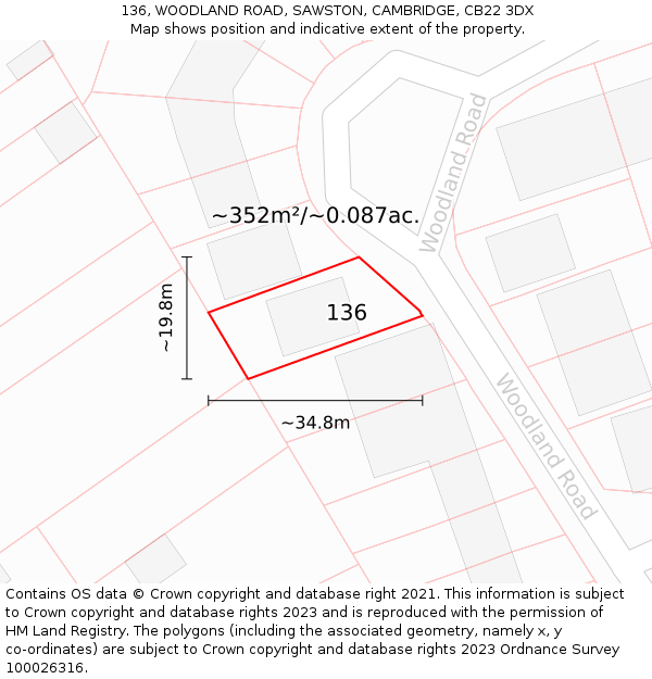 136, WOODLAND ROAD, SAWSTON, CAMBRIDGE, CB22 3DX: Plot and title map