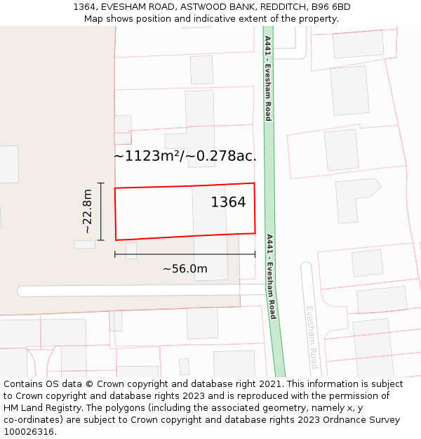 1364, EVESHAM ROAD, ASTWOOD BANK, REDDITCH, B96 6BD: Plot and title map