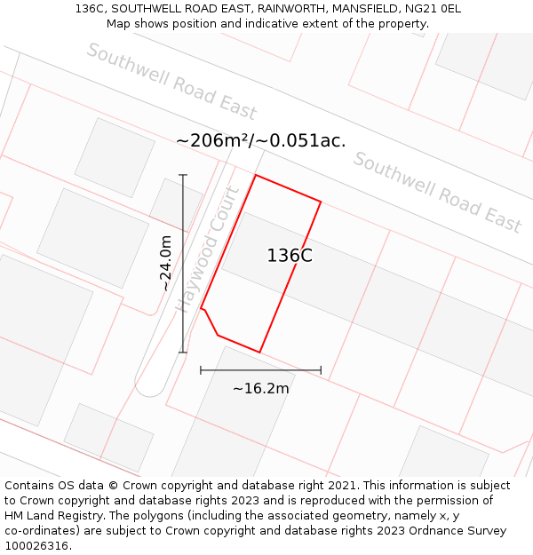 136C, SOUTHWELL ROAD EAST, RAINWORTH, MANSFIELD, NG21 0EL: Plot and title map