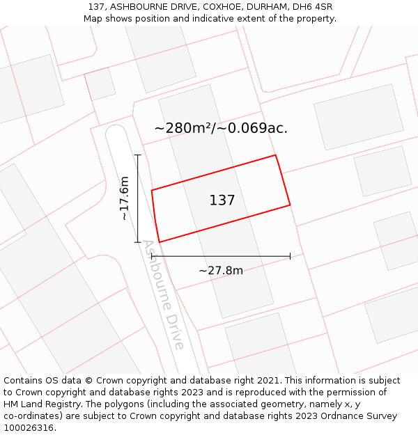 137, ASHBOURNE DRIVE, COXHOE, DURHAM, DH6 4SR: Plot and title map