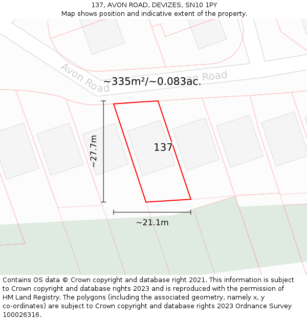 137, AVON ROAD, DEVIZES, SN10 1PY: Plot and title map