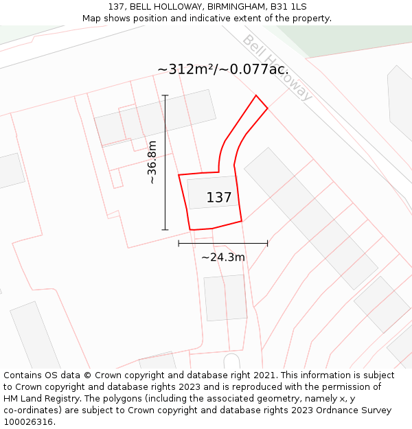137, BELL HOLLOWAY, BIRMINGHAM, B31 1LS: Plot and title map