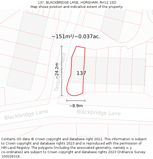 137, BLACKBRIDGE LANE, HORSHAM, RH12 1SD: Plot and title map