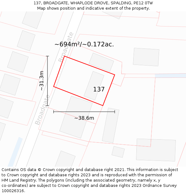 137, BROADGATE, WHAPLODE DROVE, SPALDING, PE12 0TW: Plot and title map