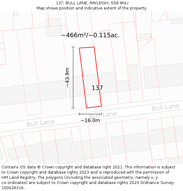 137, BULL LANE, RAYLEIGH, SS6 8NU: Plot and title map
