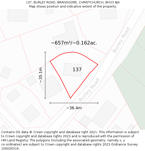 137, BURLEY ROAD, BRANSGORE, CHRISTCHURCH, BH23 8JA: Plot and title map