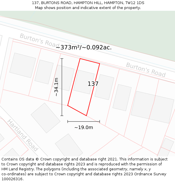 137, BURTONS ROAD, HAMPTON HILL, HAMPTON, TW12 1DS: Plot and title map