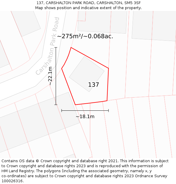137, CARSHALTON PARK ROAD, CARSHALTON, SM5 3SF: Plot and title map