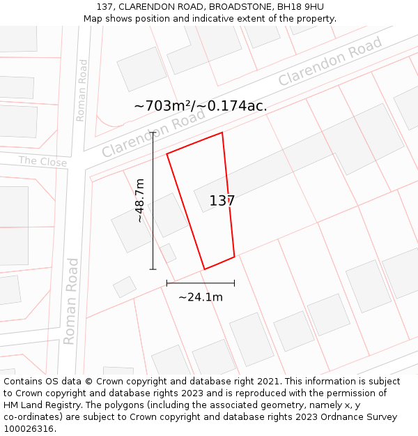 137, CLARENDON ROAD, BROADSTONE, BH18 9HU: Plot and title map