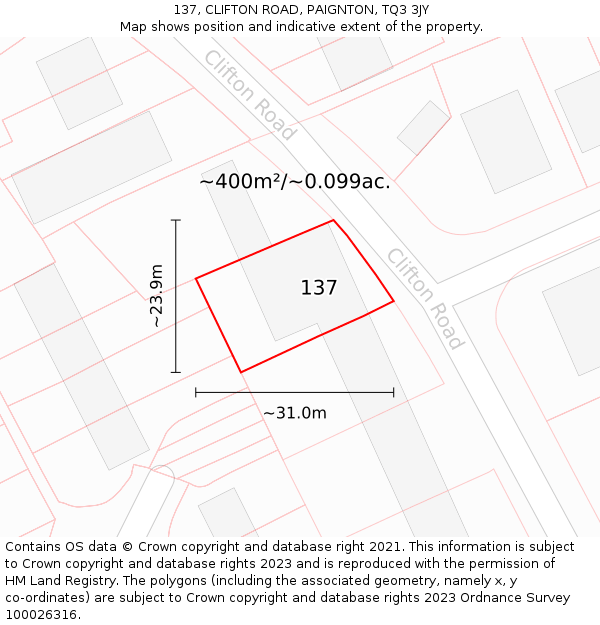 137, CLIFTON ROAD, PAIGNTON, TQ3 3JY: Plot and title map