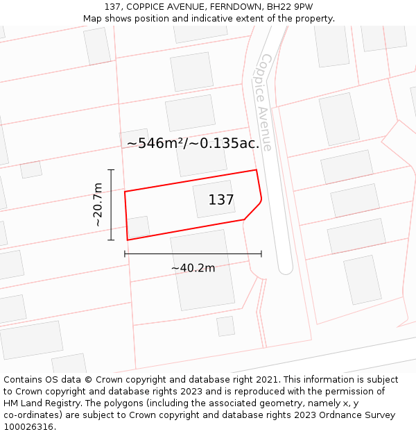 137, COPPICE AVENUE, FERNDOWN, BH22 9PW: Plot and title map