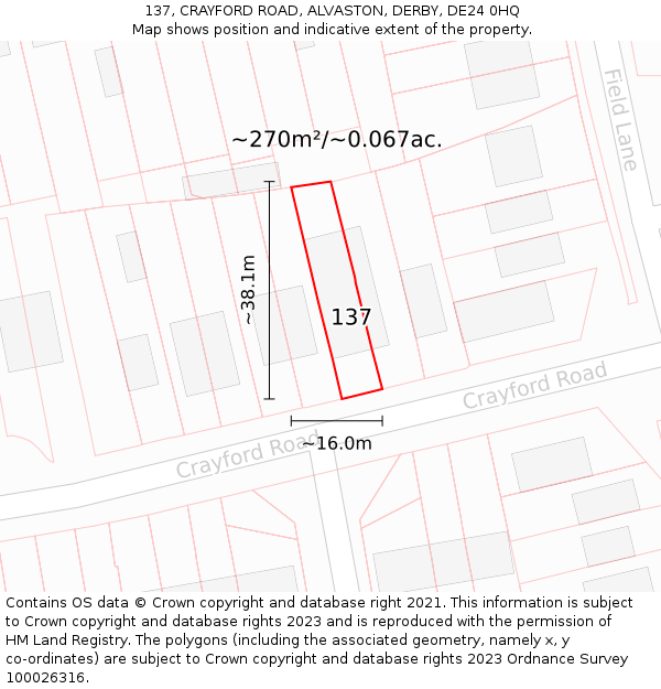 137, CRAYFORD ROAD, ALVASTON, DERBY, DE24 0HQ: Plot and title map