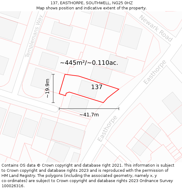 137, EASTHORPE, SOUTHWELL, NG25 0HZ: Plot and title map