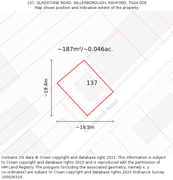137, GLADSTONE ROAD, WILLESBOROUGH, ASHFORD, TN24 0DE: Plot and title map