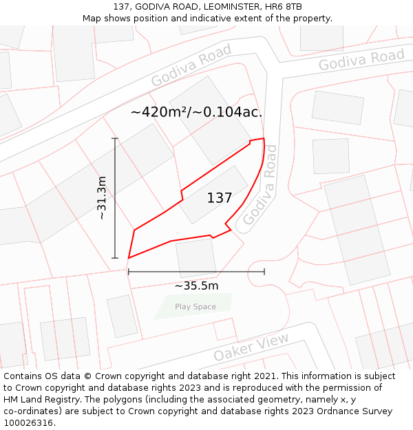 137, GODIVA ROAD, LEOMINSTER, HR6 8TB: Plot and title map