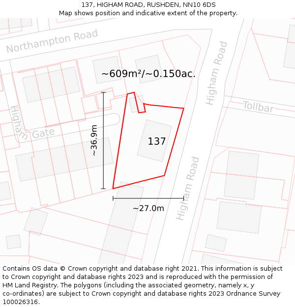 137, HIGHAM ROAD, RUSHDEN, NN10 6DS: Plot and title map