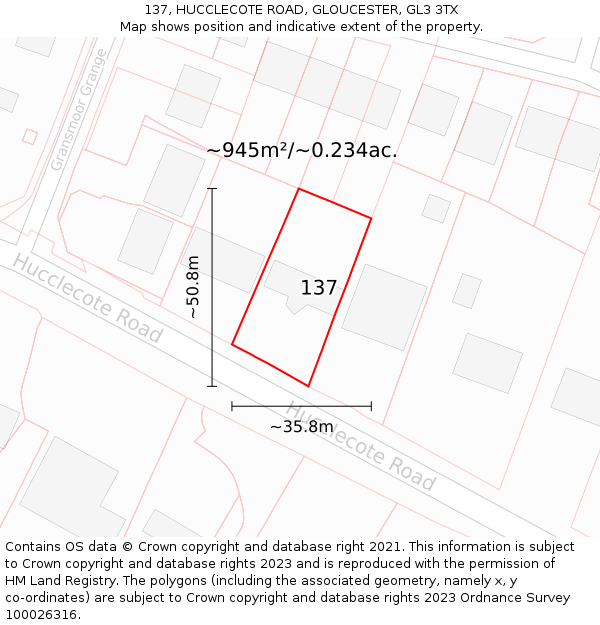 137, HUCCLECOTE ROAD, GLOUCESTER, GL3 3TX: Plot and title map