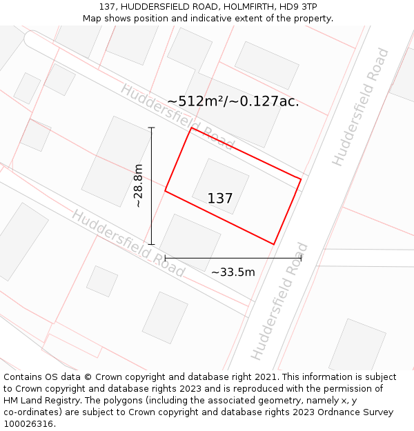 137, HUDDERSFIELD ROAD, HOLMFIRTH, HD9 3TP: Plot and title map