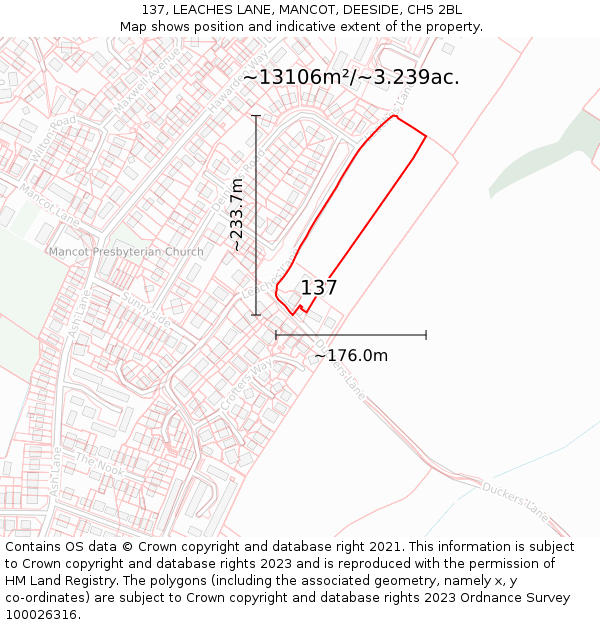 137, LEACHES LANE, MANCOT, DEESIDE, CH5 2BL: Plot and title map