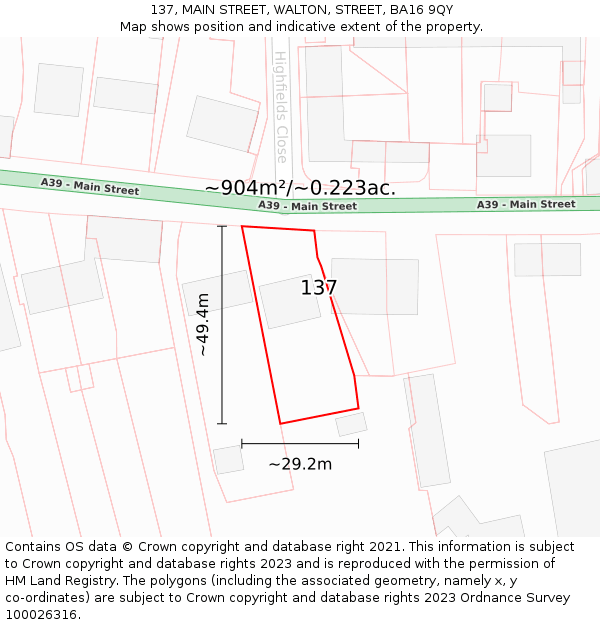 137, MAIN STREET, WALTON, STREET, BA16 9QY: Plot and title map