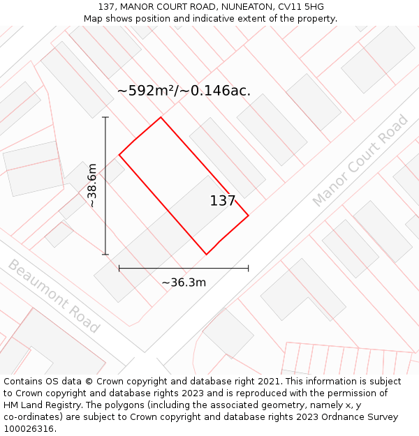 137, MANOR COURT ROAD, NUNEATON, CV11 5HG: Plot and title map