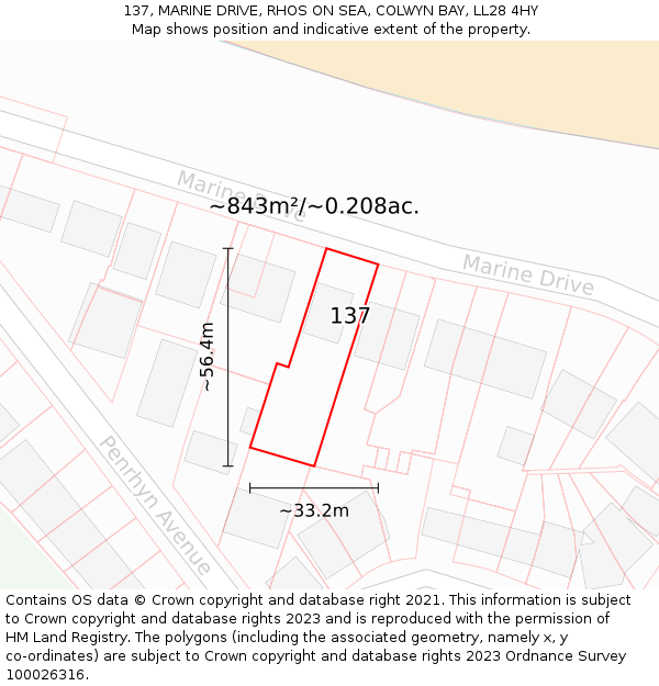 137, MARINE DRIVE, RHOS ON SEA, COLWYN BAY, LL28 4HY: Plot and title map