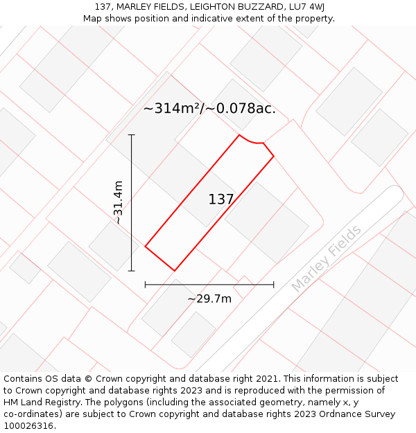 137, MARLEY FIELDS, LEIGHTON BUZZARD, LU7 4WJ: Plot and title map