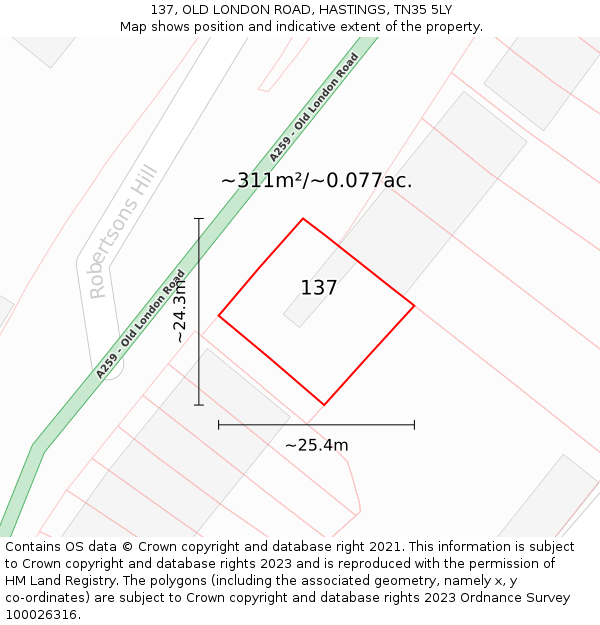 137, OLD LONDON ROAD, HASTINGS, TN35 5LY: Plot and title map