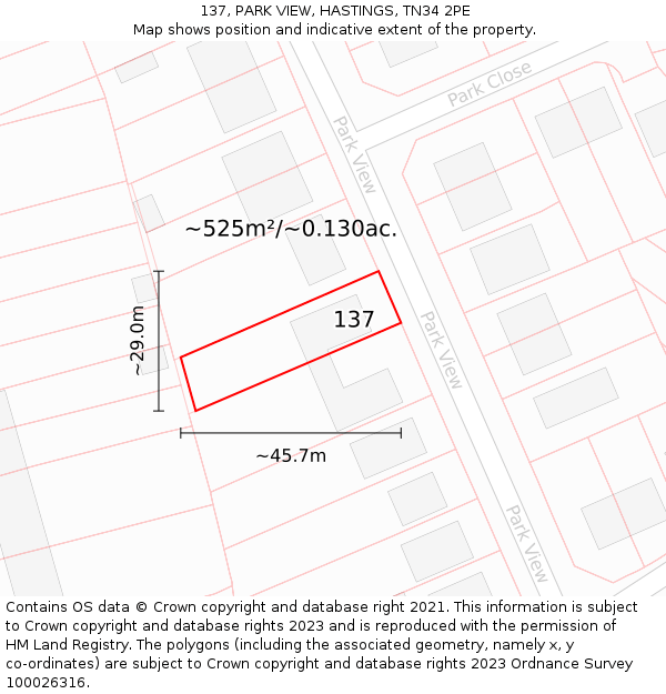 137, PARK VIEW, HASTINGS, TN34 2PE: Plot and title map