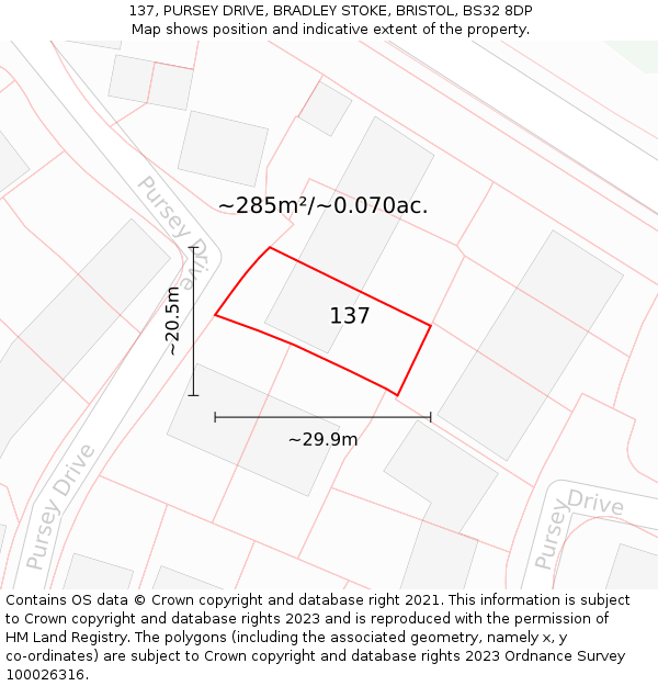137, PURSEY DRIVE, BRADLEY STOKE, BRISTOL, BS32 8DP: Plot and title map