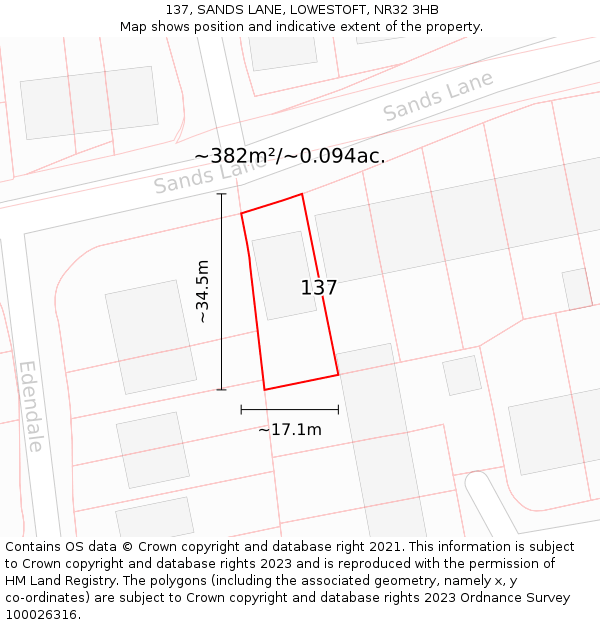 137, SANDS LANE, LOWESTOFT, NR32 3HB: Plot and title map