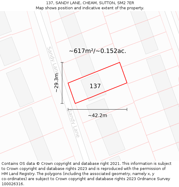 137, SANDY LANE, CHEAM, SUTTON, SM2 7ER: Plot and title map