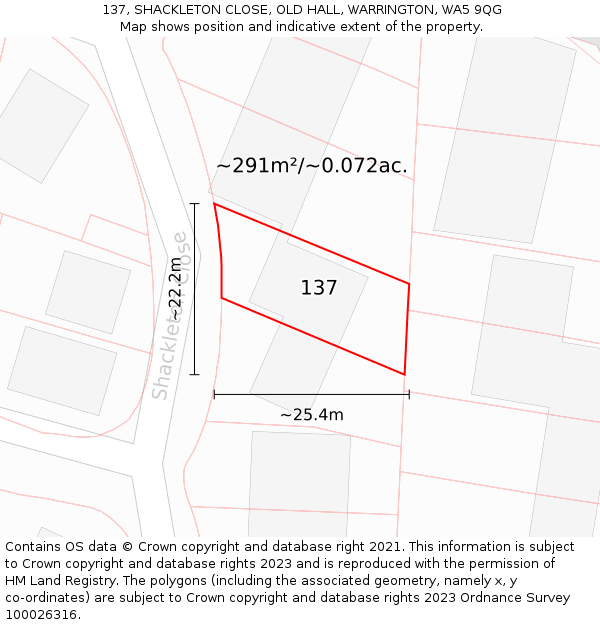 137, SHACKLETON CLOSE, OLD HALL, WARRINGTON, WA5 9QG: Plot and title map