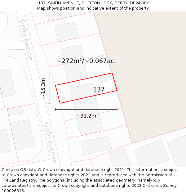 137, SINFIN AVENUE, SHELTON LOCK, DERBY, DE24 9EY: Plot and title map