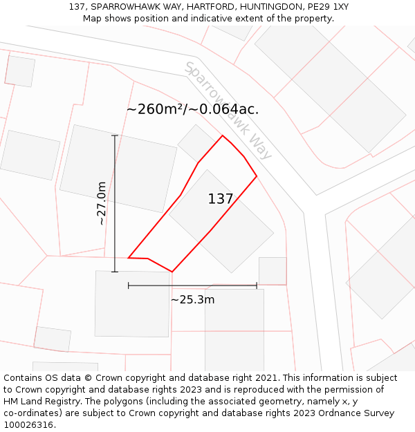 137, SPARROWHAWK WAY, HARTFORD, HUNTINGDON, PE29 1XY: Plot and title map