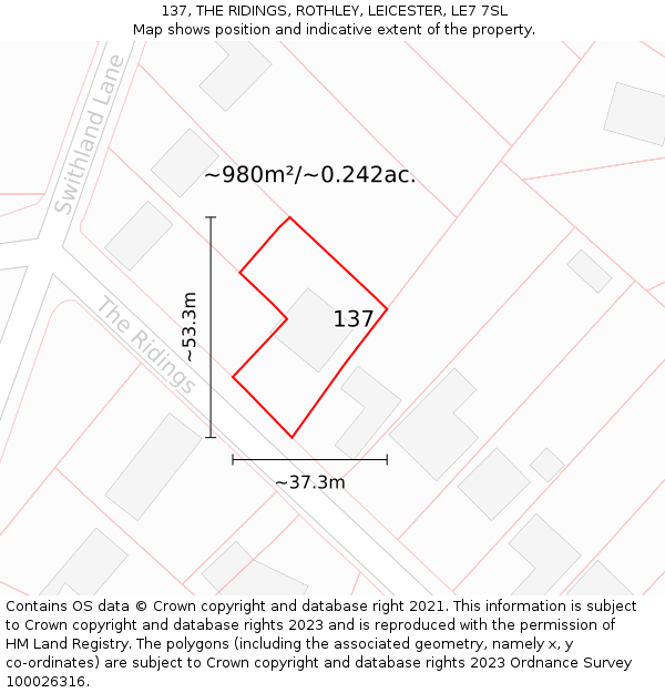 137, THE RIDINGS, ROTHLEY, LEICESTER, LE7 7SL: Plot and title map