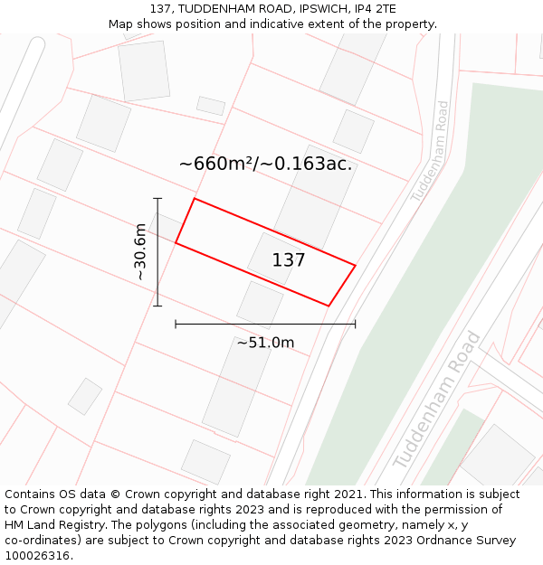 137, TUDDENHAM ROAD, IPSWICH, IP4 2TE: Plot and title map