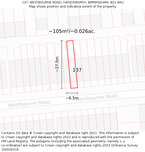 137, WESTBOURNE ROAD, HANDSWORTH, BIRMINGHAM, B21 8AU: Plot and title map