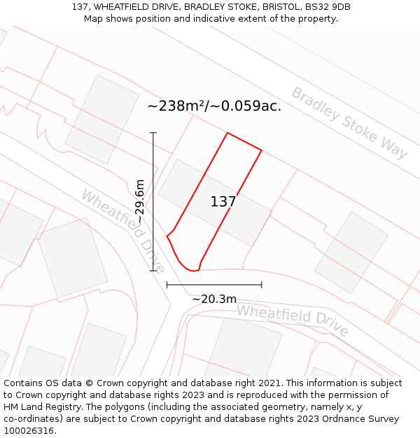 137, WHEATFIELD DRIVE, BRADLEY STOKE, BRISTOL, BS32 9DB: Plot and title map