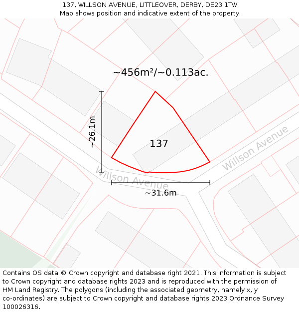 137, WILLSON AVENUE, LITTLEOVER, DERBY, DE23 1TW: Plot and title map