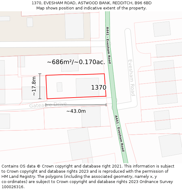 1370, EVESHAM ROAD, ASTWOOD BANK, REDDITCH, B96 6BD: Plot and title map